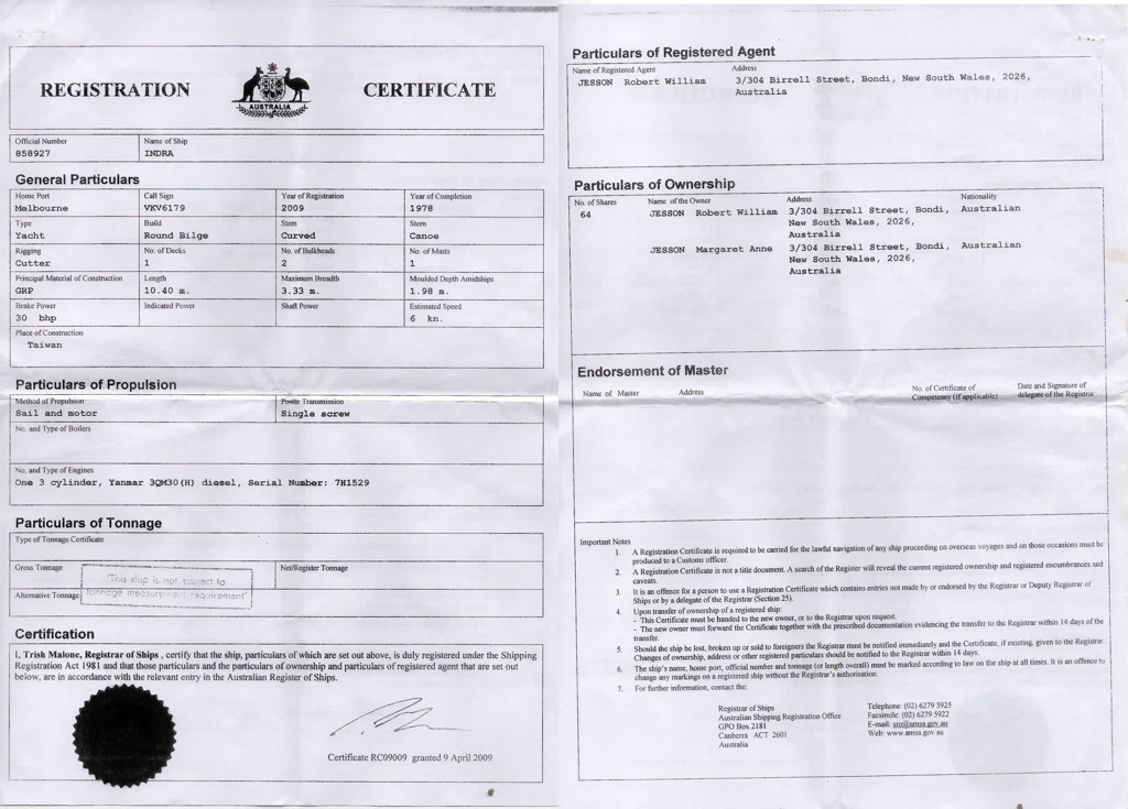 Indra Australian Registration Certificate | Dove Free Spirit