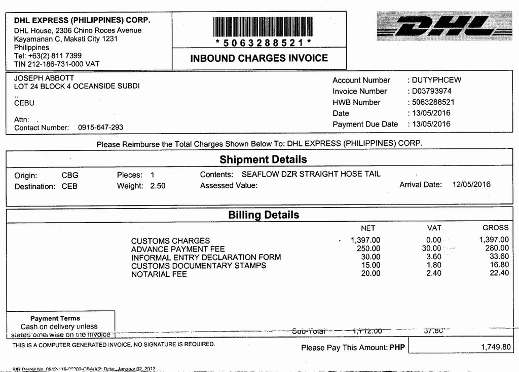 DHL Invoice Charges Dove Free Spirit