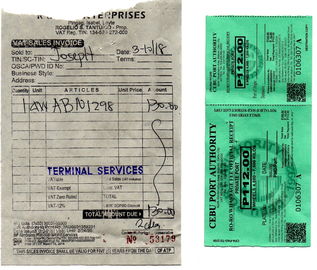Danao Port Terminal and Port Wharfage Receipts Dove Free Spirit